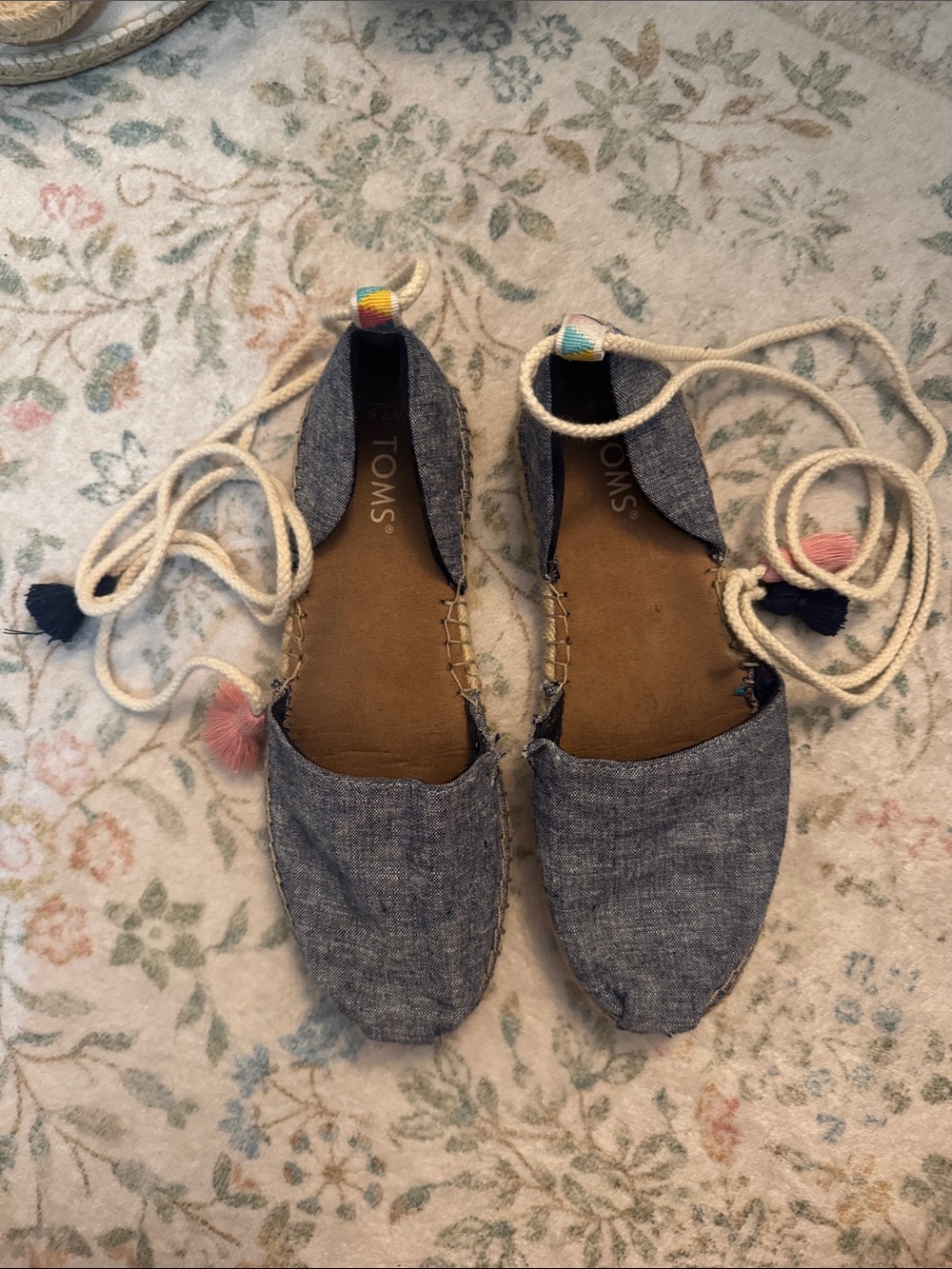 Toms Women's Chambray Lace-Up Espadrilles - Denim Blue with Pom Tassels